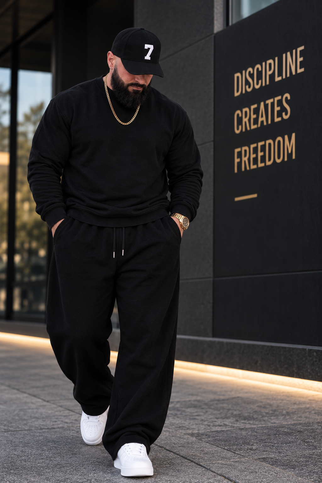 Shannon Craft standing in a black outfit beside dark architecture and gold lettering that reads Discipline Creates Freedom